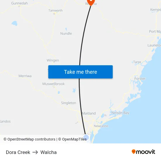 Dora Creek to Walcha map