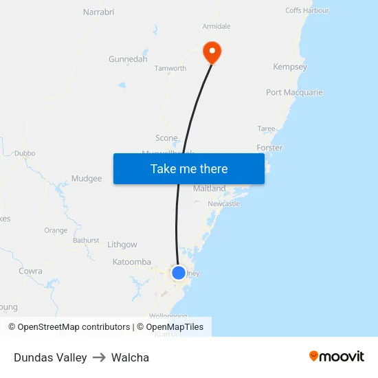 Dundas Valley to Walcha map