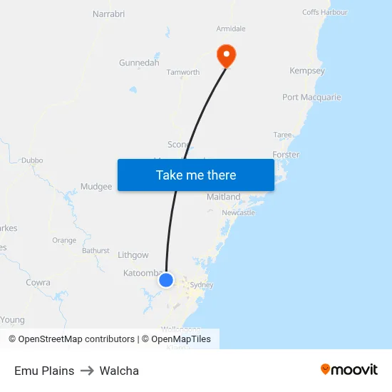 Emu Plains to Walcha map