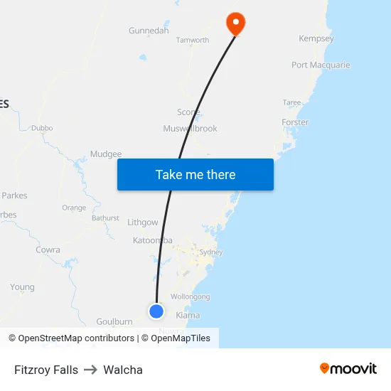 Fitzroy Falls to Walcha map