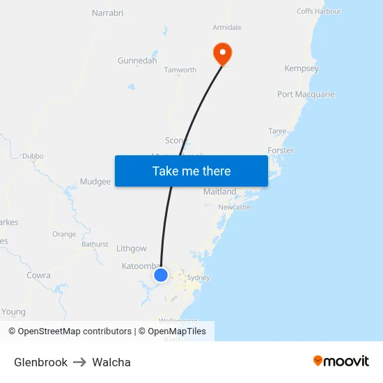 Glenbrook to Walcha map