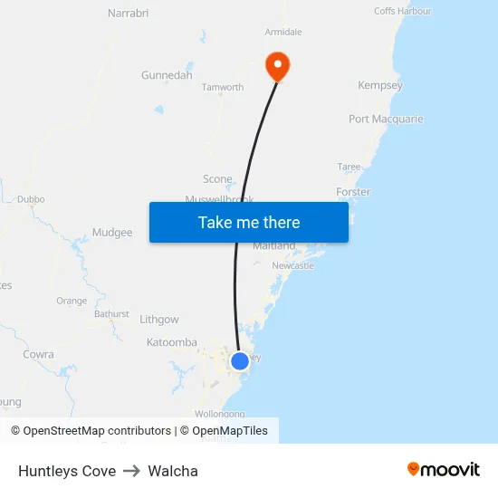 Huntleys Cove to Walcha map