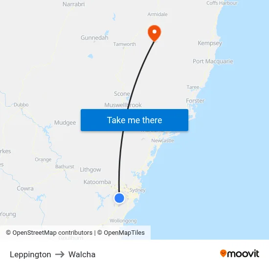 Leppington to Walcha map