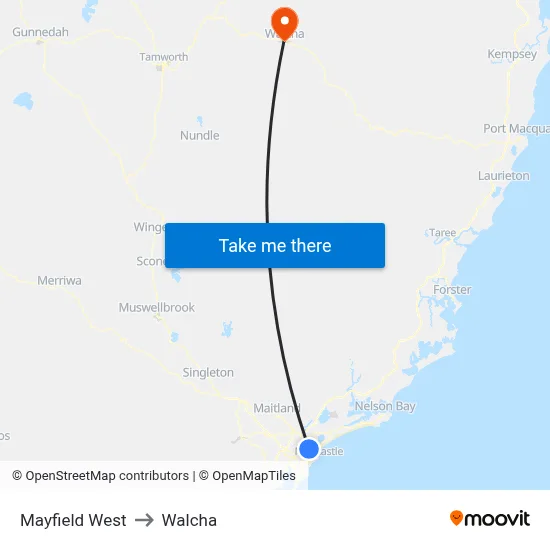 Mayfield West to Walcha map