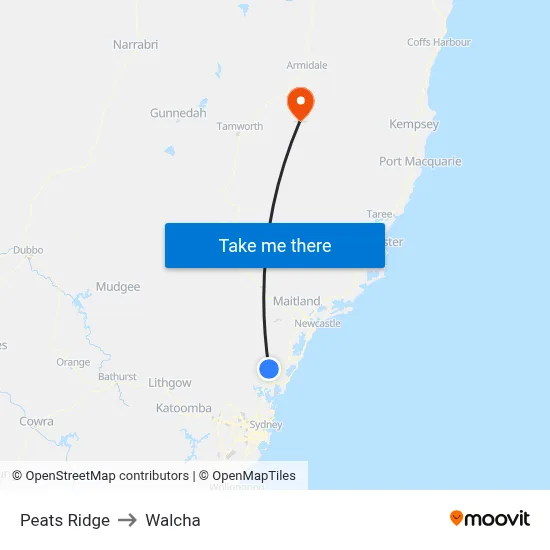 Peats Ridge to Walcha map