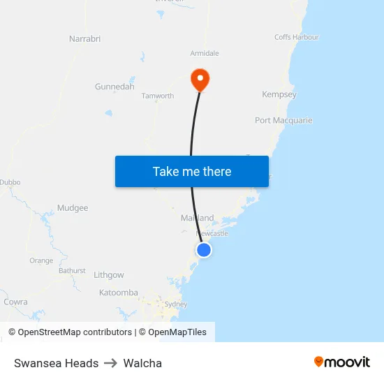 Swansea Heads to Walcha map