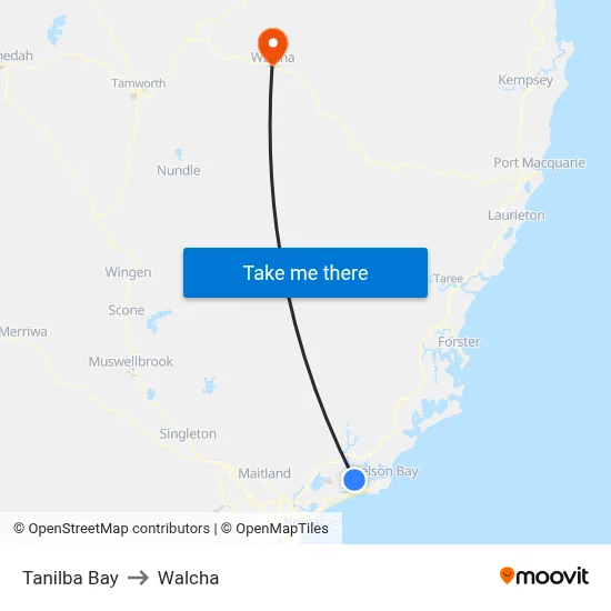 Tanilba Bay to Walcha map
