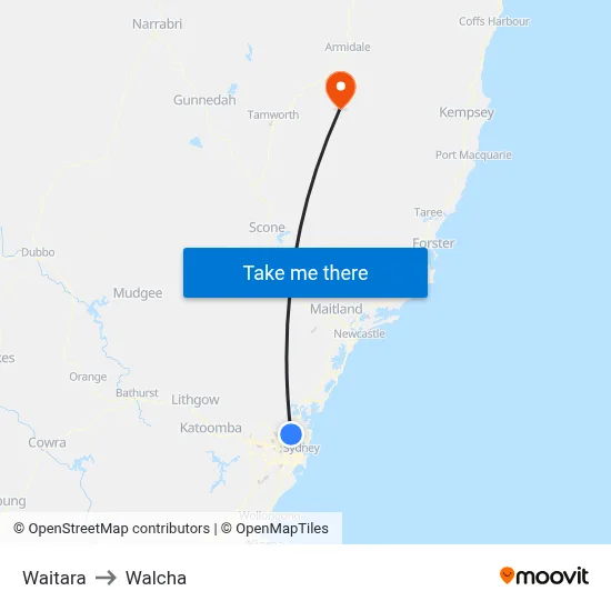 Waitara to Walcha map