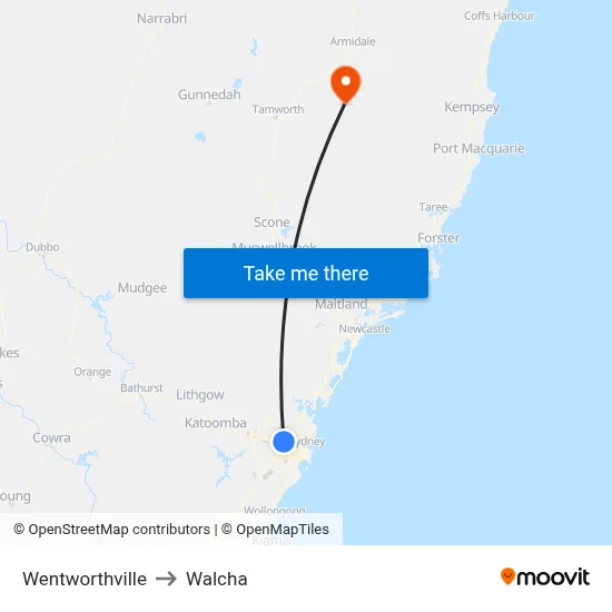 Wentworthville to Walcha map
