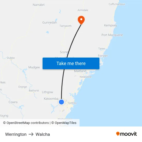 Werrington to Walcha map
