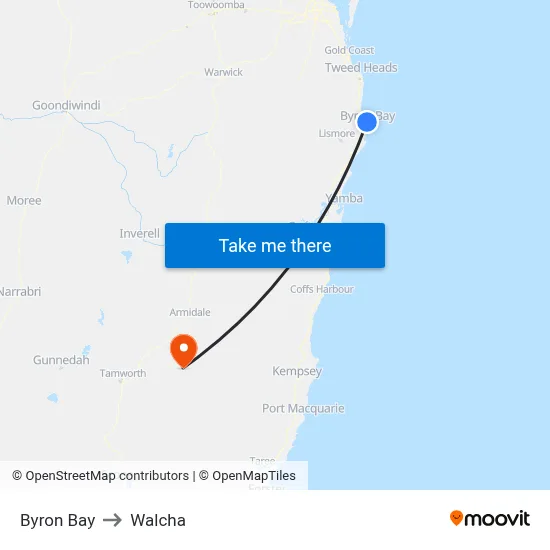 Byron Bay to Walcha map