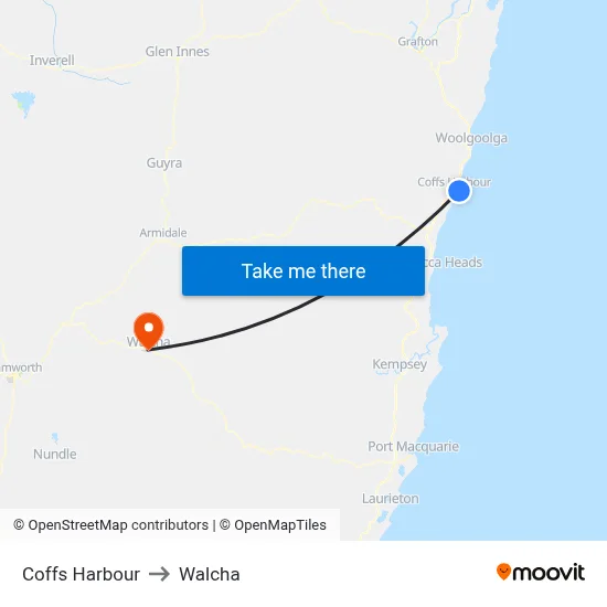 Coffs Harbour to Walcha map