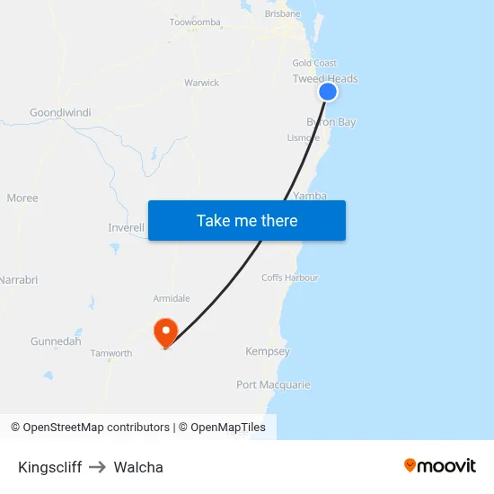 Kingscliff to Walcha map
