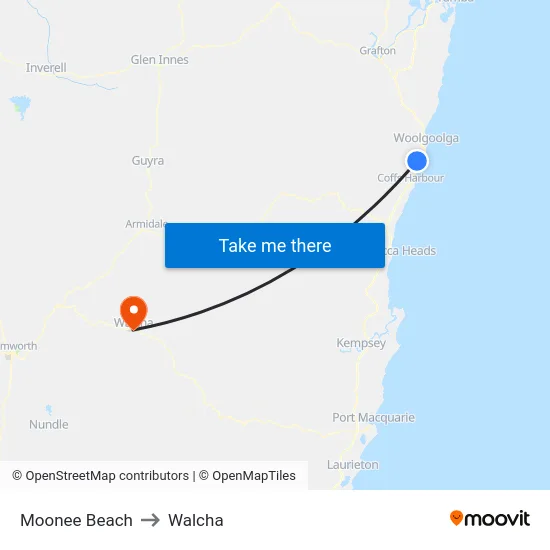 Moonee Beach to Walcha map