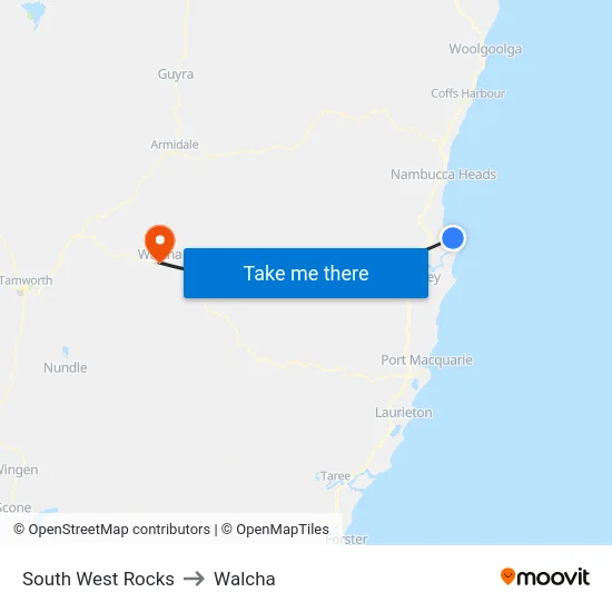 South West Rocks to Walcha map
