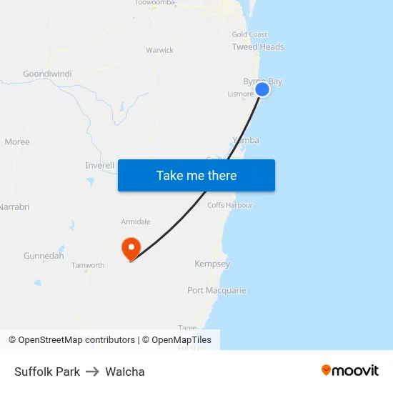 Suffolk Park to Walcha map