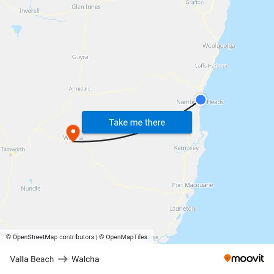 Valla Beach to Walcha map