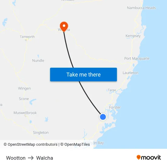 Wootton to Walcha map