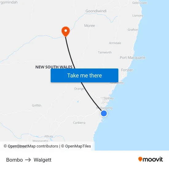 Bombo to Walgett map