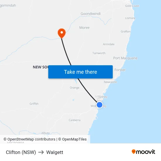 Clifton (NSW) to Walgett map