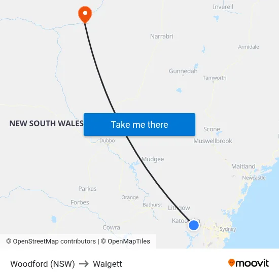 Woodford (NSW) to Walgett map