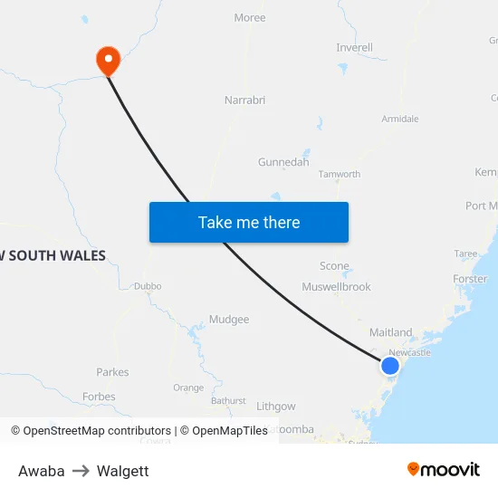 Awaba to Walgett map
