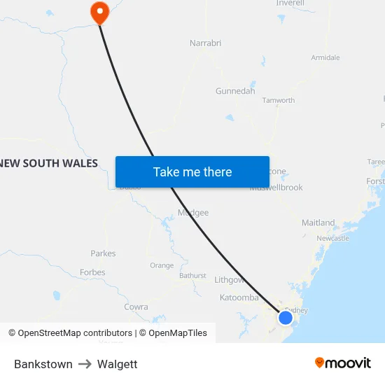 Bankstown to Walgett map