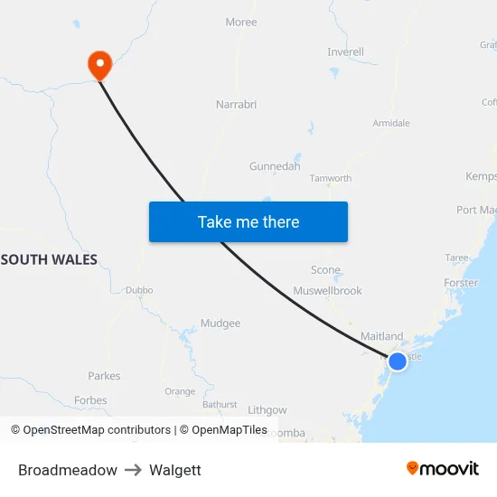 Broadmeadow to Walgett map