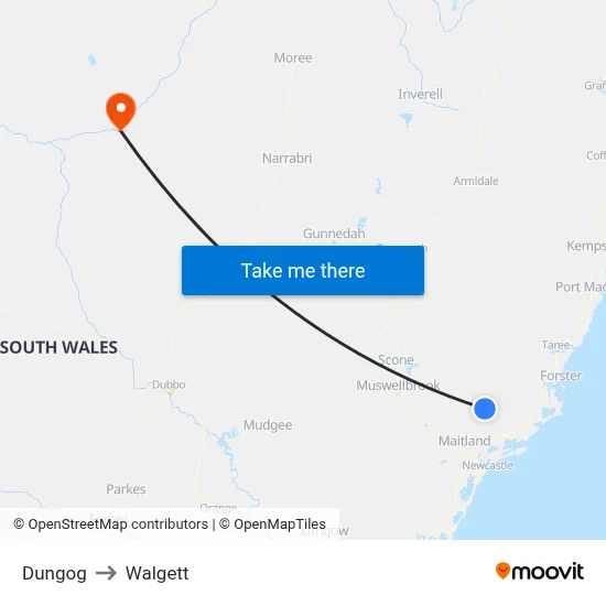 Dungog to Walgett map