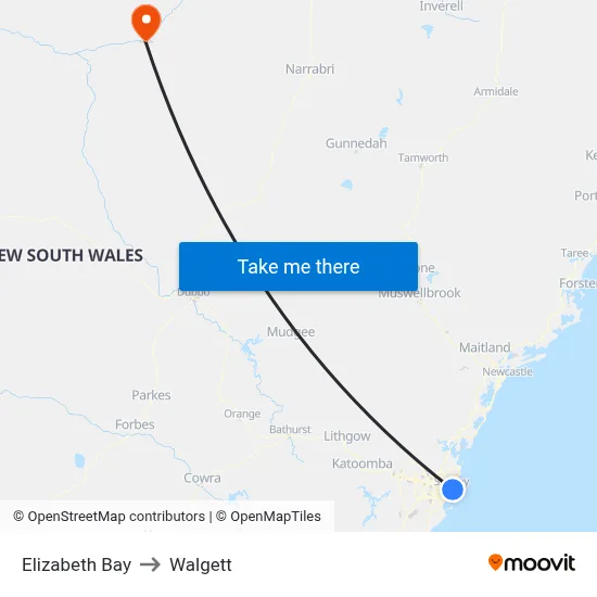 Elizabeth Bay to Walgett map
