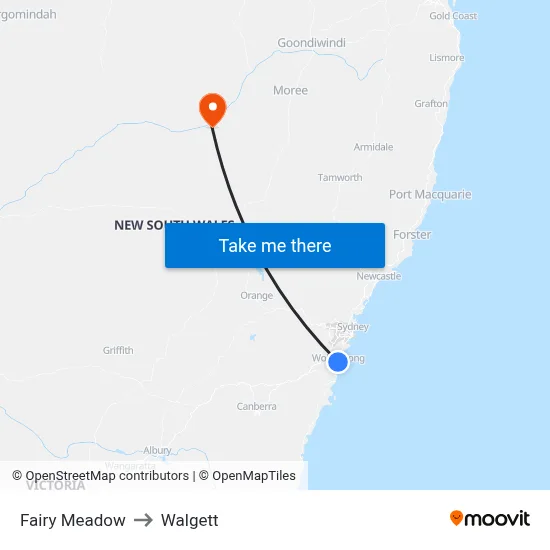 Fairy Meadow to Walgett map