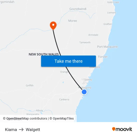 Kiama to Walgett map