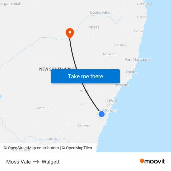 Moss Vale to Walgett map