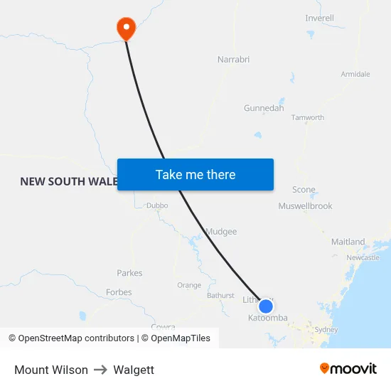 Mount Wilson to Walgett map