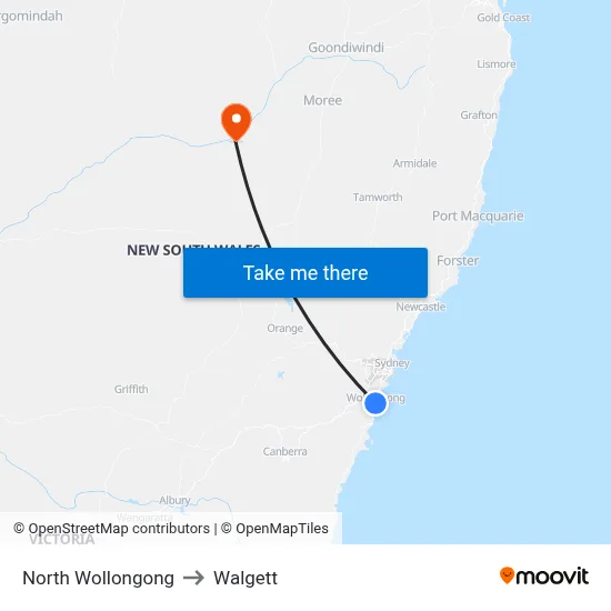North Wollongong to Walgett map