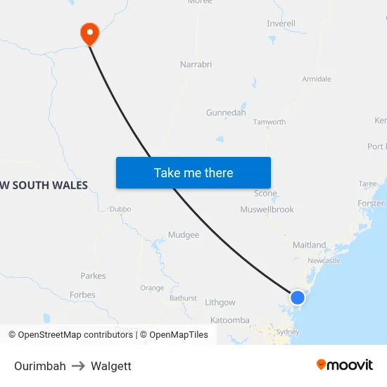 Ourimbah to Walgett map