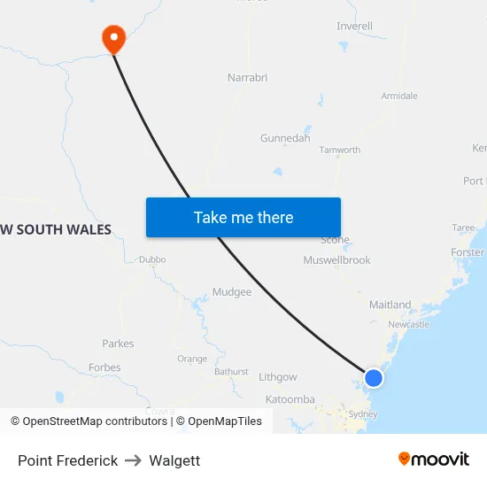 Point Frederick to Walgett map