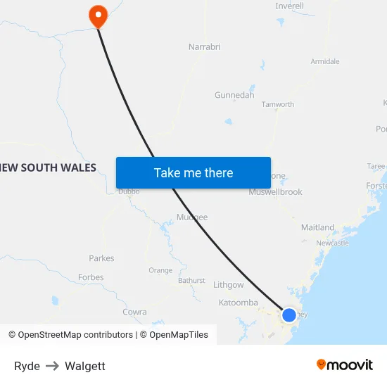 Ryde to Walgett map