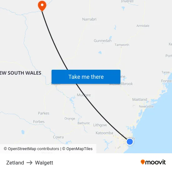 Zetland to Walgett map