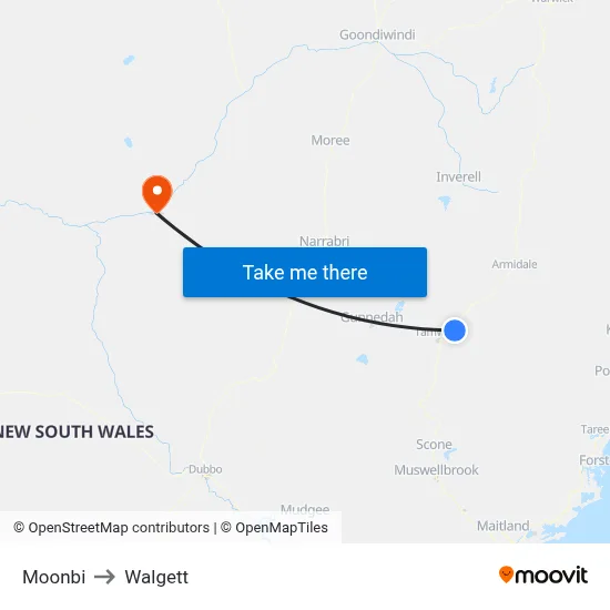 Moonbi to Walgett map