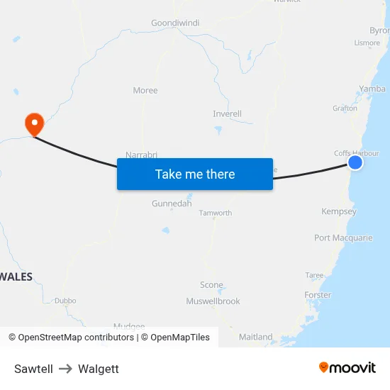 Sawtell to Walgett map