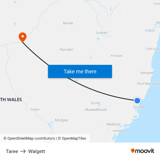 Taree to Walgett map
