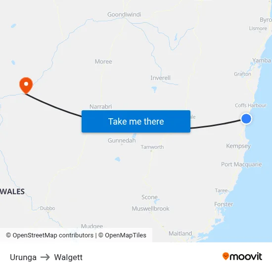 Urunga to Walgett map