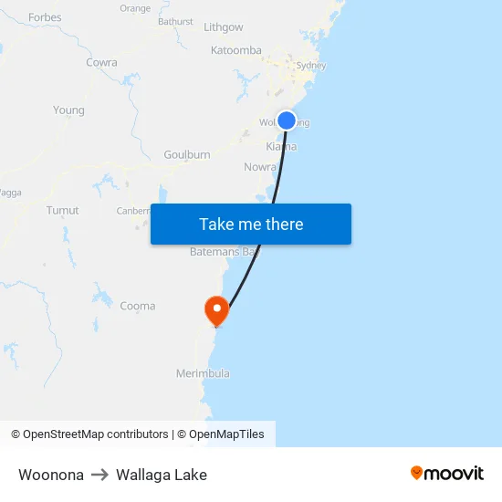 Woonona to Wallaga Lake map