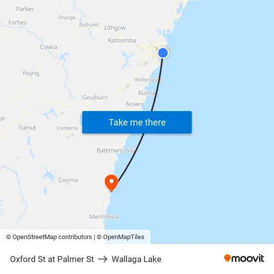 Oxford St at Palmer St to Wallaga Lake map
