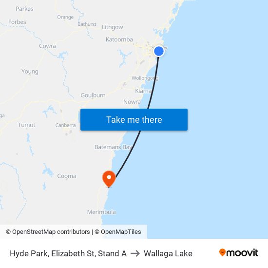 Hyde Park, Elizabeth St, Stand A to Wallaga Lake map