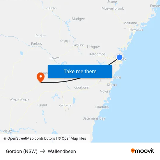 Gordon (NSW) to Wallendbeen map