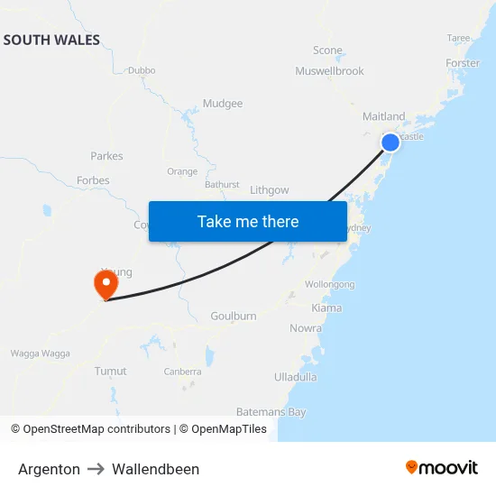 Argenton to Wallendbeen map