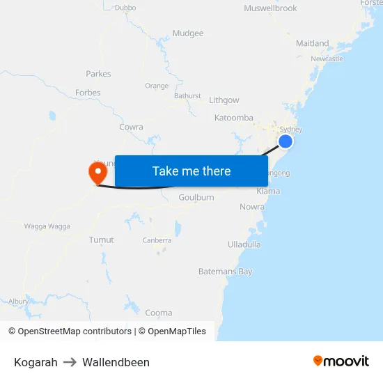 Kogarah to Wallendbeen map