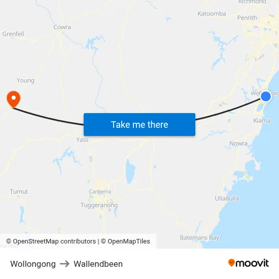 Wollongong to Wallendbeen map